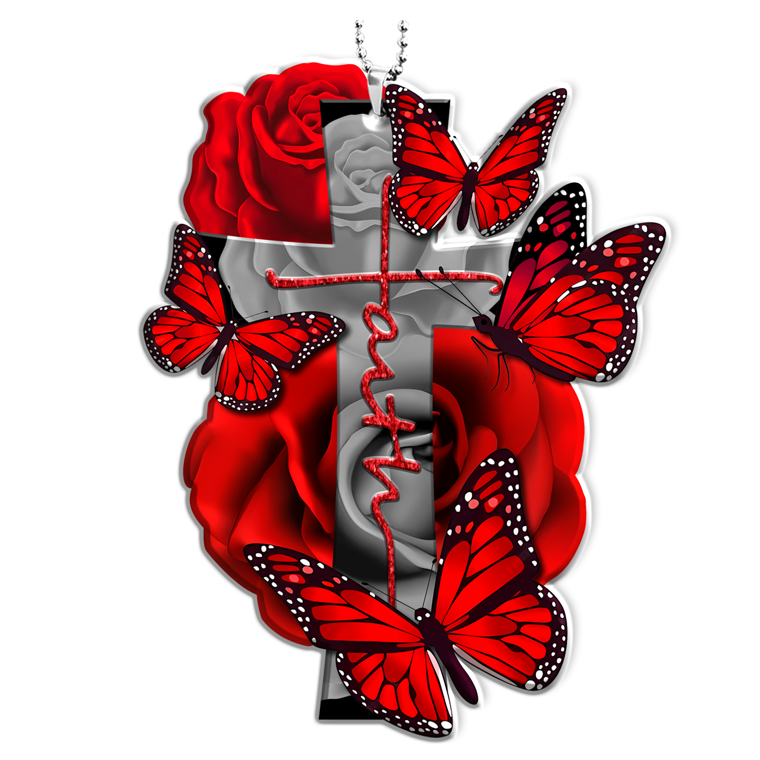 Red Roses Butterflies Faith Cross Christian Ornament Gift Christmas Ornament Car Hanging