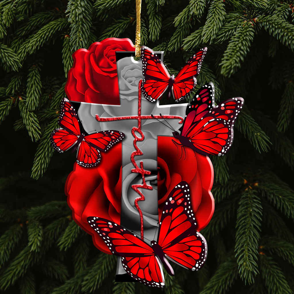 Red Roses Butterflies Faith Cross Christian Ornament Gift Christmas Ornament Car Hanging