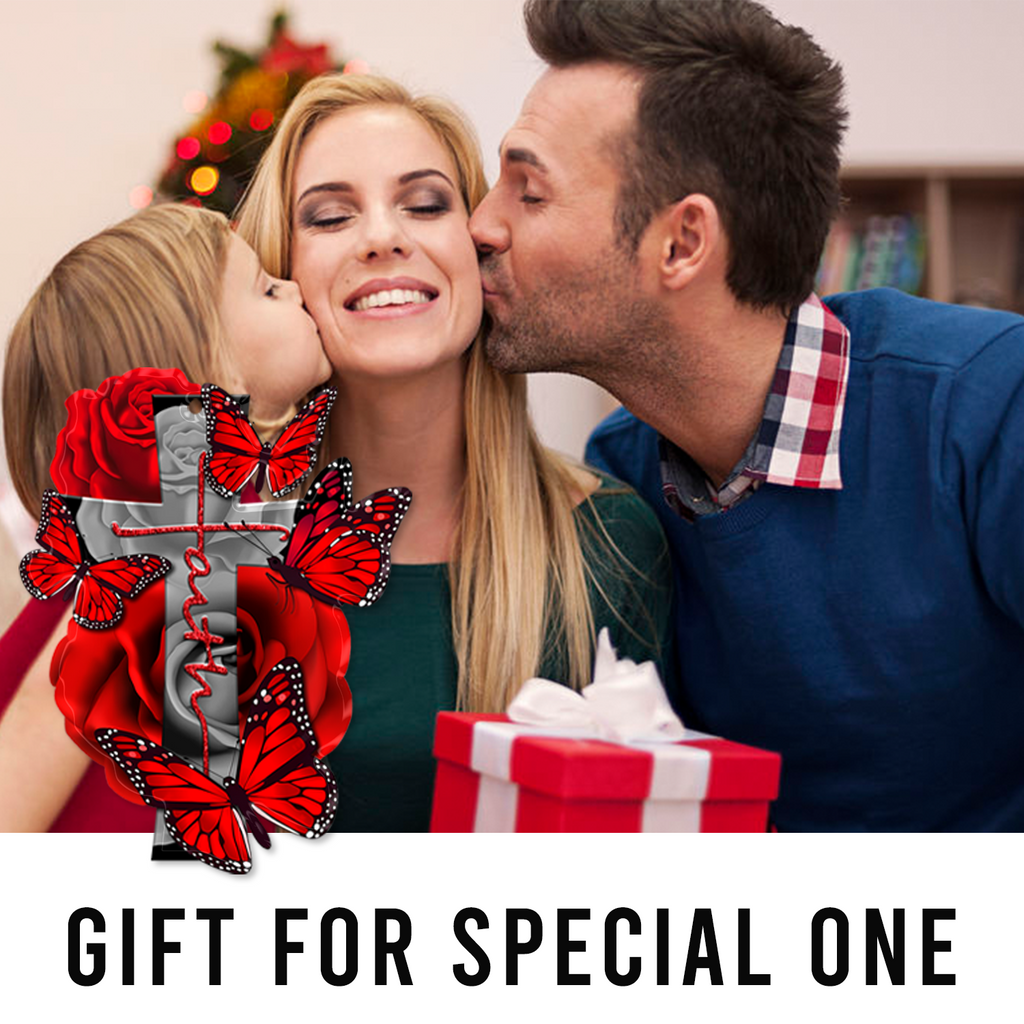 Red Roses Butterflies Faith Cross Christian Ornament Gift Christmas Ornament Car Hanging