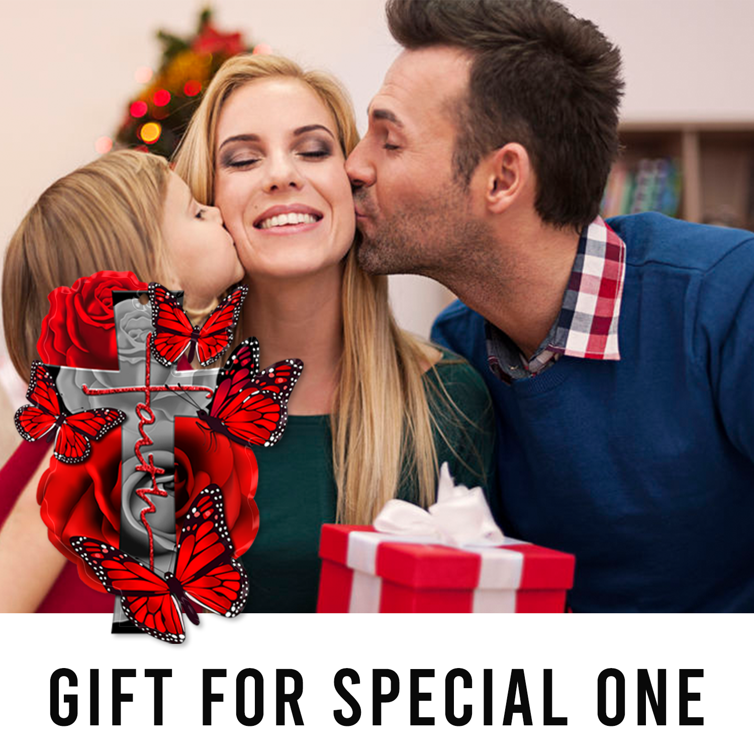 Red Roses Butterflies Faith Cross Christian Ornament Gift Christmas Ornament Car Hanging