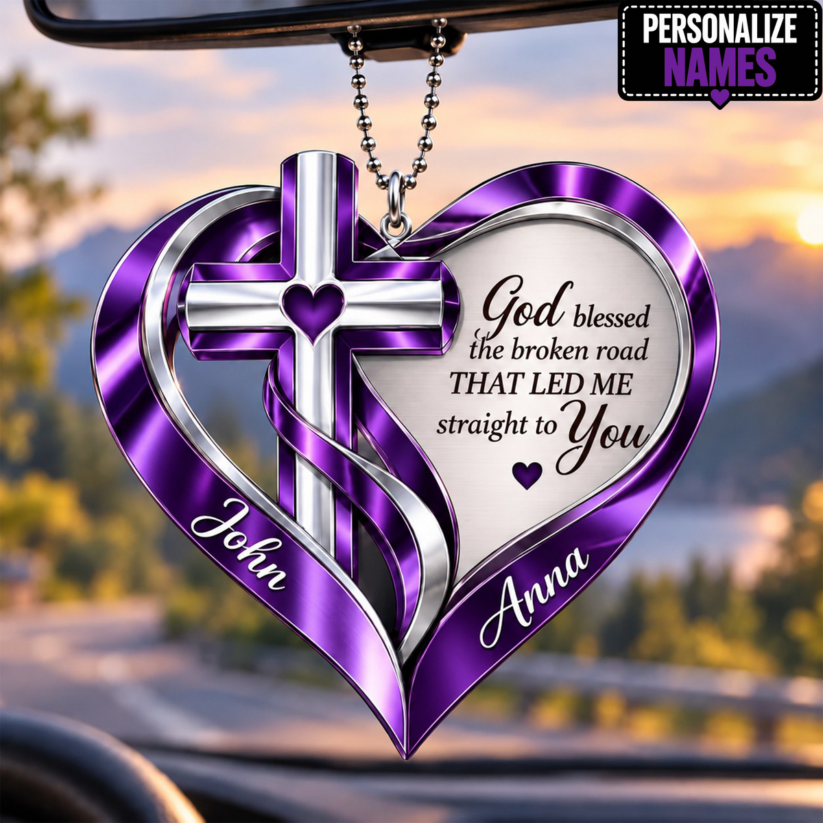 Personalized Names Memorial Cross God Heart Car Ornament - Gift for Jesus Lovers