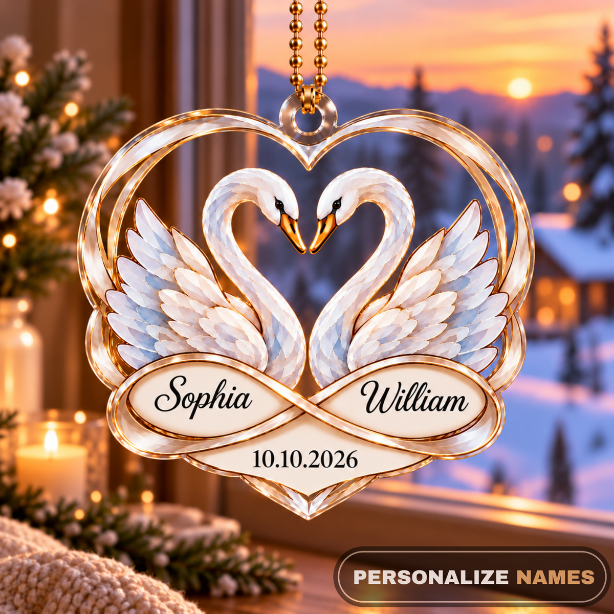 Personalized Swan Couple Ornament – Custom Names & Date Anniversary Gift