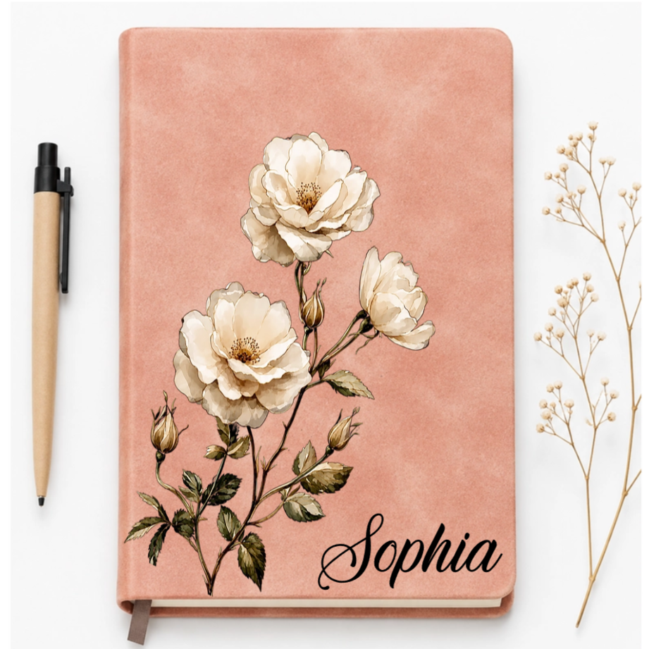 Custom Leather Journal - Personalized Birth Month Flower Vintage Notebook- Gifts for Birthday, Flower Lovers & women
