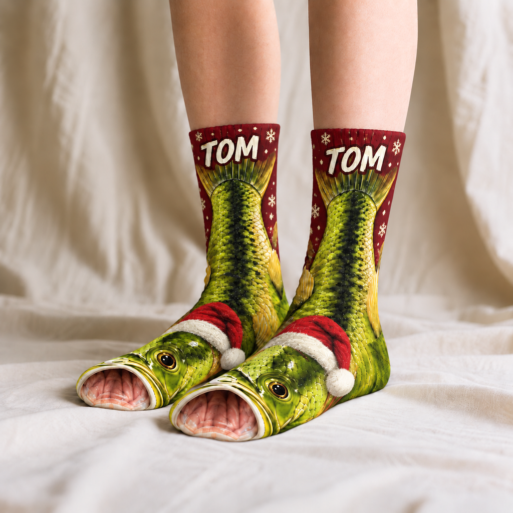 Personalized Name Largemouth Bass Fishing Middle Tube Socks for Men & Women - Christmas Gift for Fishing Lovers
