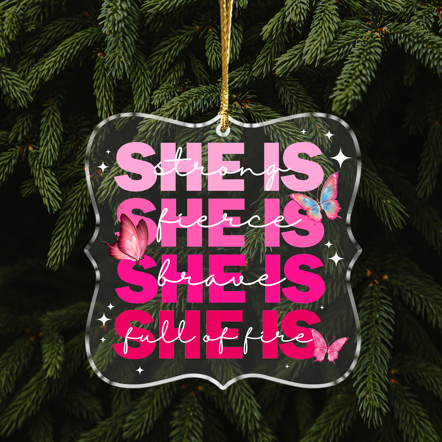 She Is Strong Pink Butterflies Christian Ornament Gift Christmas Acrylic Transparent Ornament Car Hanging