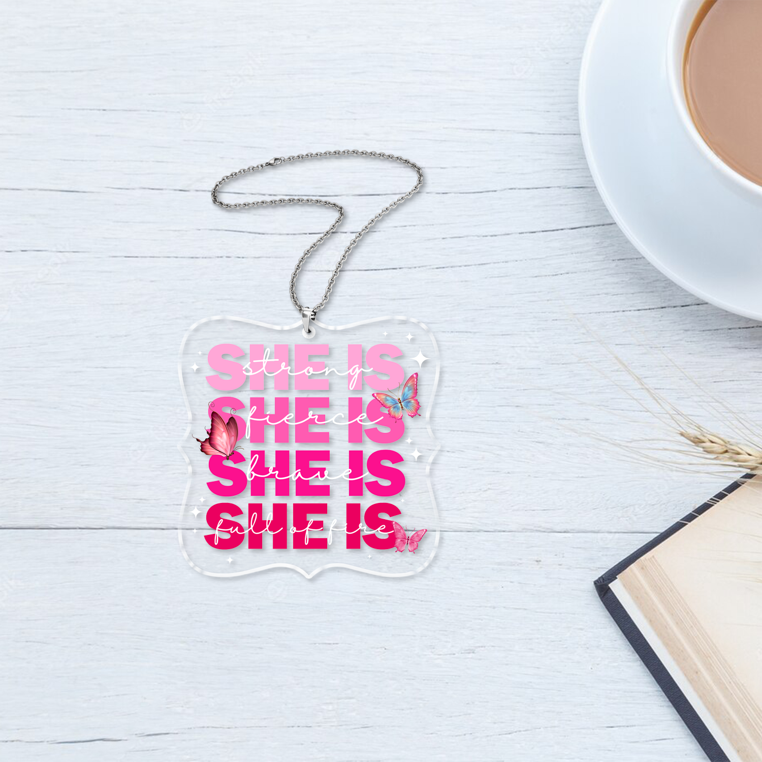 She Is Strong Pink Butterflies Christian Ornament Gift Christmas Acrylic Transparent Ornament Car Hanging