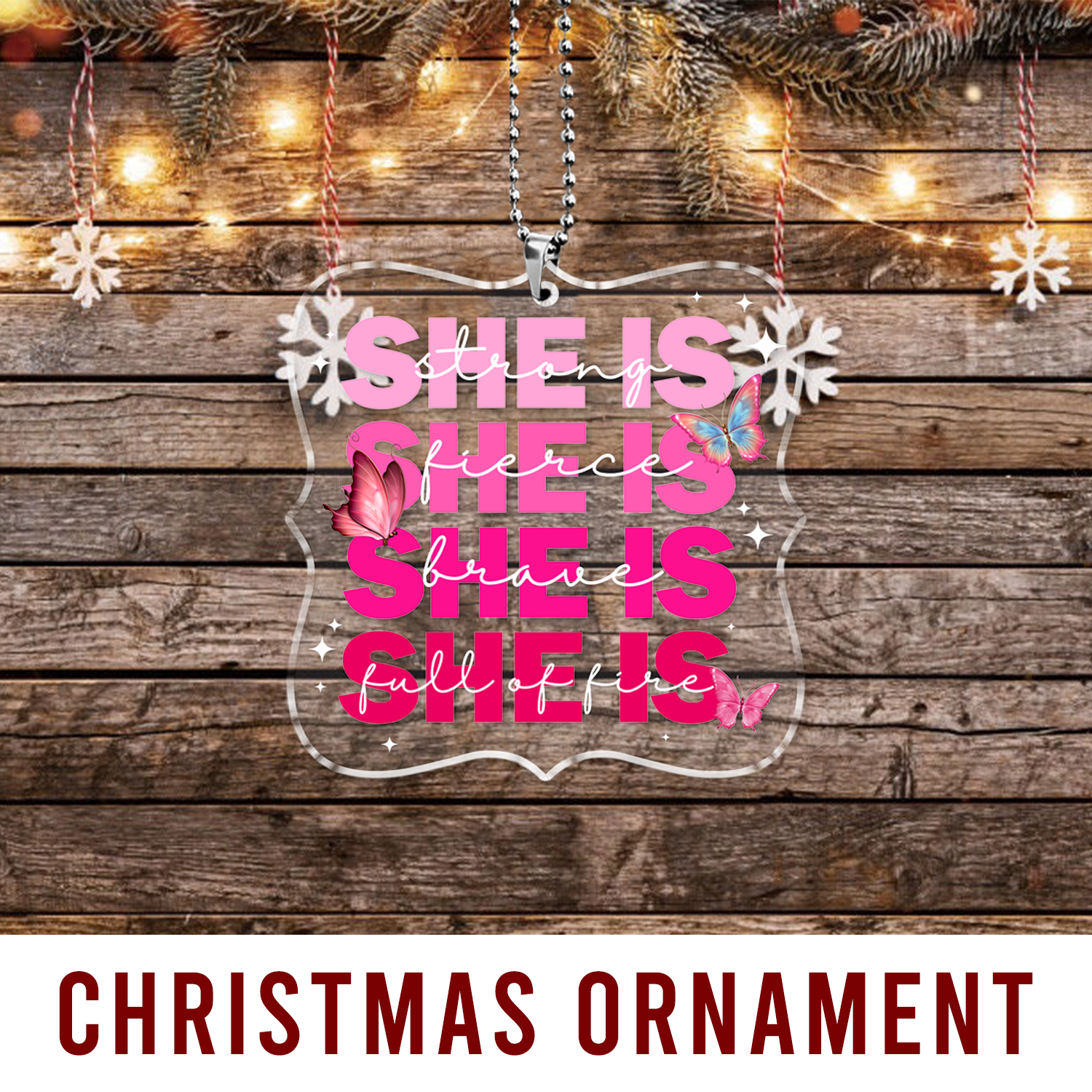 She Is Strong Pink Butterflies Christian Ornament Gift Christmas Acrylic Transparent Ornament Car Hanging