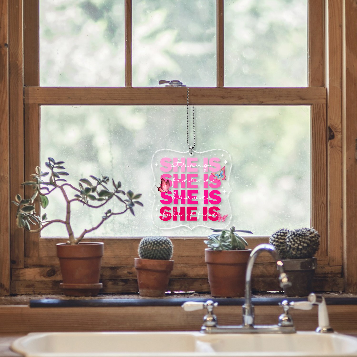 She Is Strong Pink Butterflies Christian Ornament Gift Christmas Acrylic Transparent Ornament Car Hanging