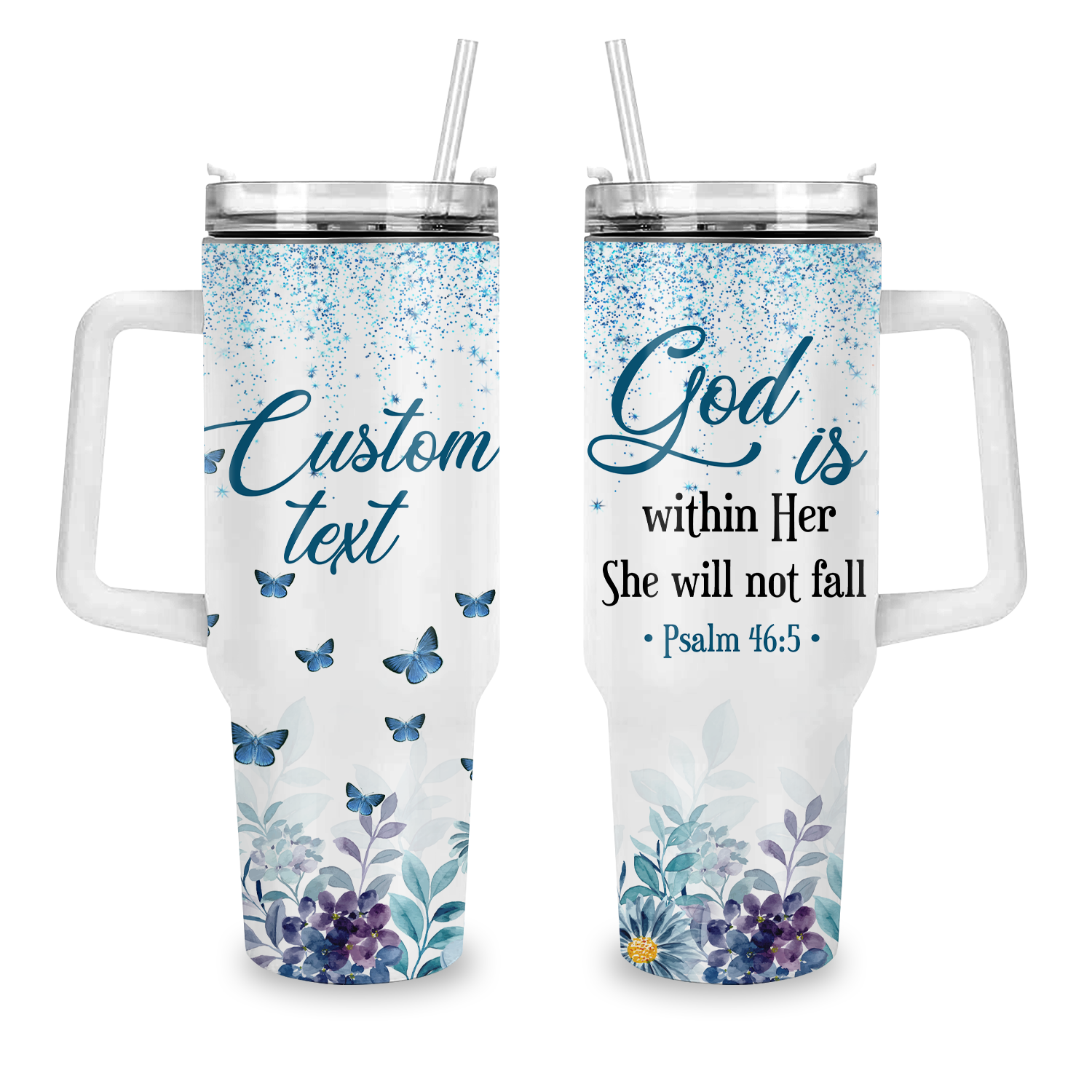 Blue Floral She Will Not Fall 40 Oz Tumbler With Handle - Personalized Stainless Steel Tumbler