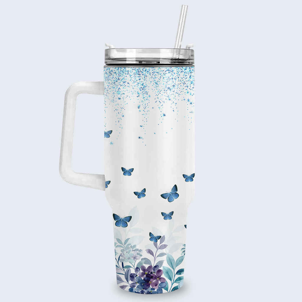 Blue Floral She Will Not Fall 40 Oz Tumbler With Handle - Personalized Stainless Steel Tumbler