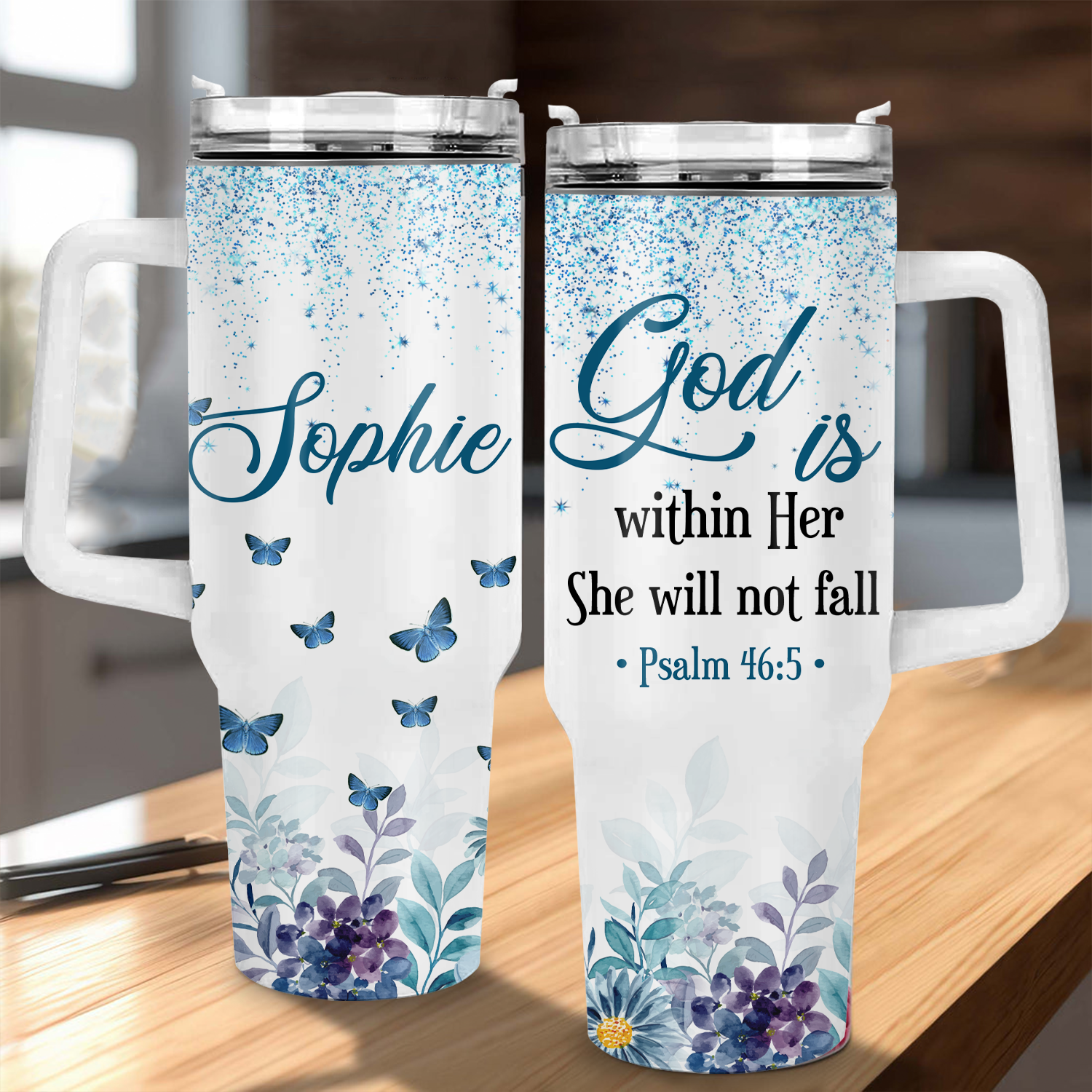 Blue Floral She Will Not Fall 40 Oz Tumbler With Handle - Personalized Stainless Steel Tumbler