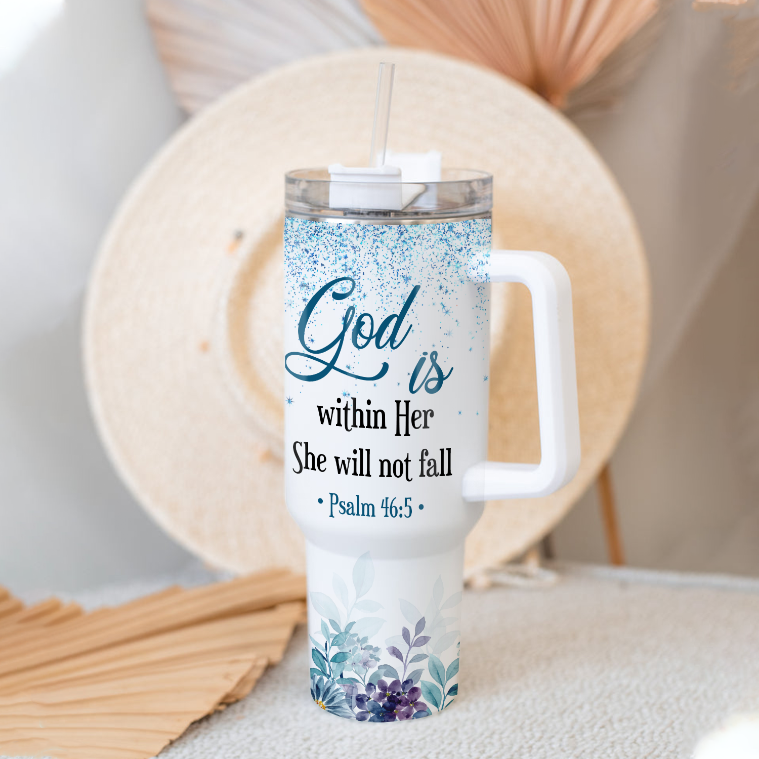 Blue Floral She Will Not Fall 40 Oz Tumbler With Handle - Personalized Stainless Steel Tumbler