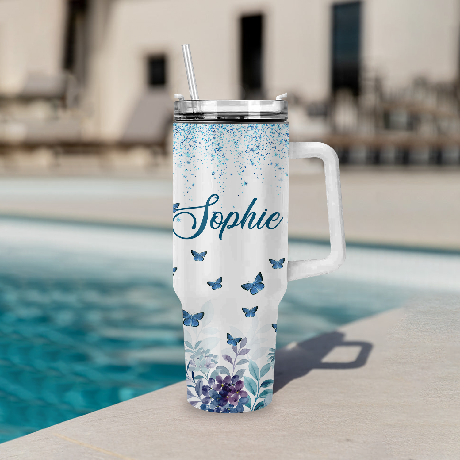 Blue Floral She Will Not Fall 40 Oz Tumbler With Handle - Personalized Stainless Steel Tumbler