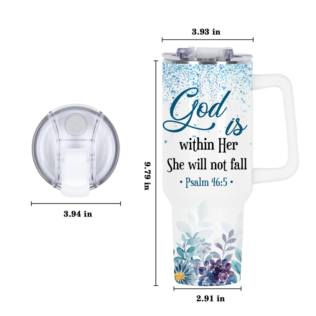 Blue Floral She Will Not Fall 40 Oz Tumbler With Handle - Personalized Stainless Steel Tumbler
