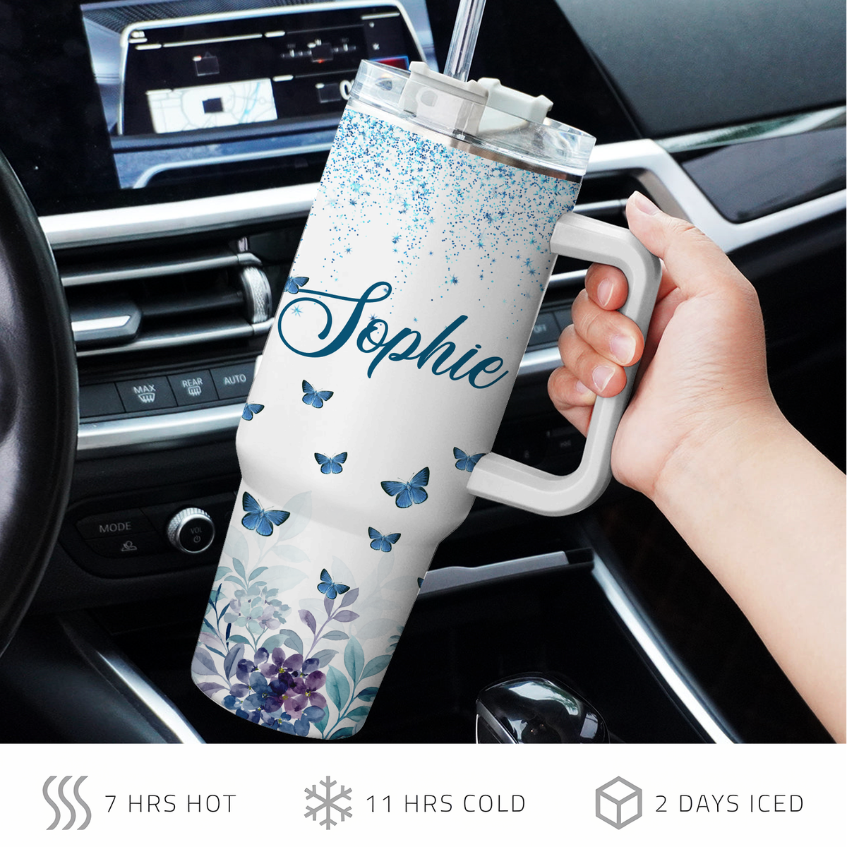 Blue Floral She Will Not Fall 40 Oz Tumbler With Handle - Personalized Stainless Steel Tumbler