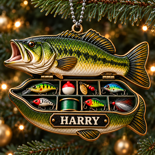 3D Raised Personalized Name Bass Fishing Tool Box Ornament – Gift for Him & Her