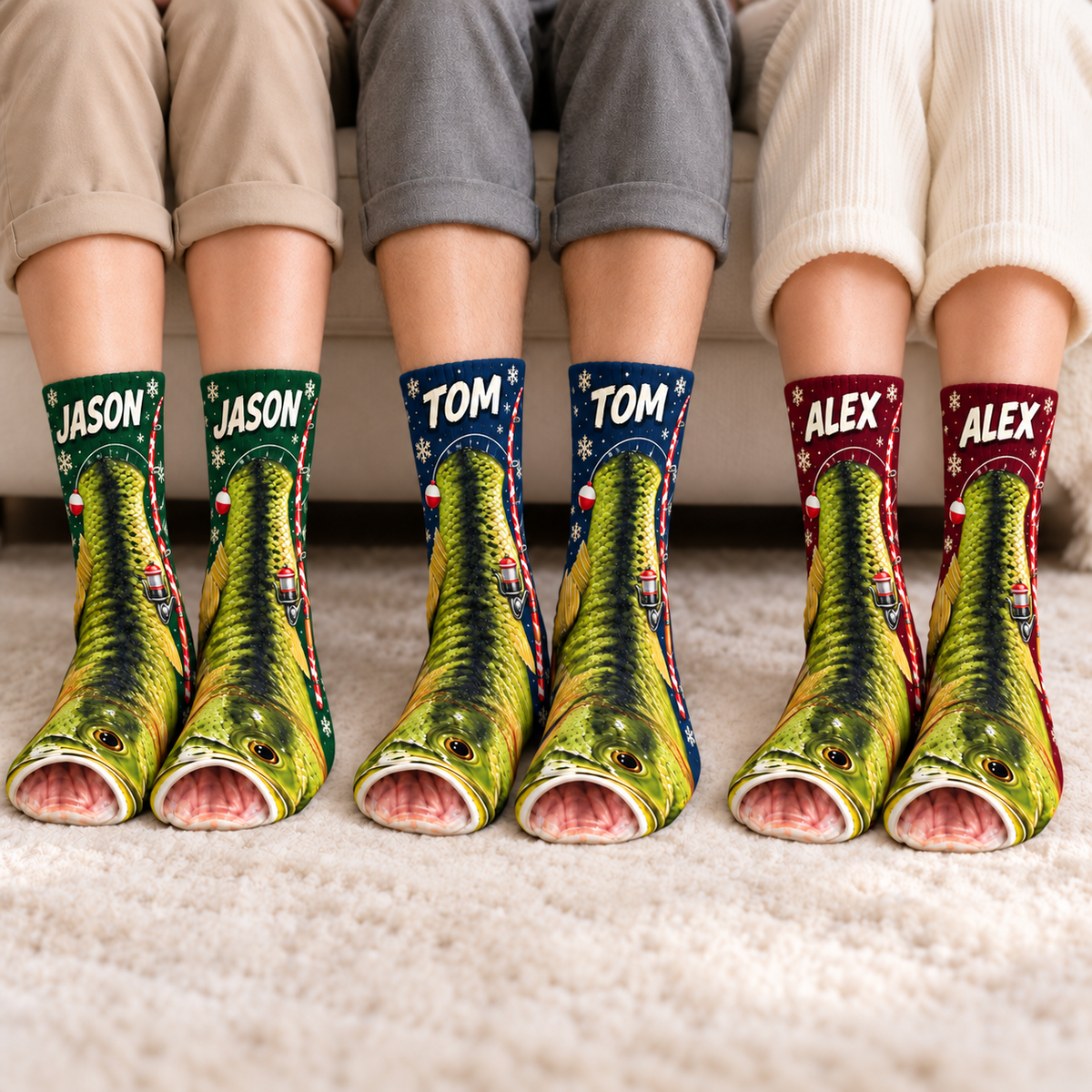 Personalized Largemouth Trout Fishing Reel Middle Tube Socks for Men & Women - Christmas Gift for Fishing Lovers