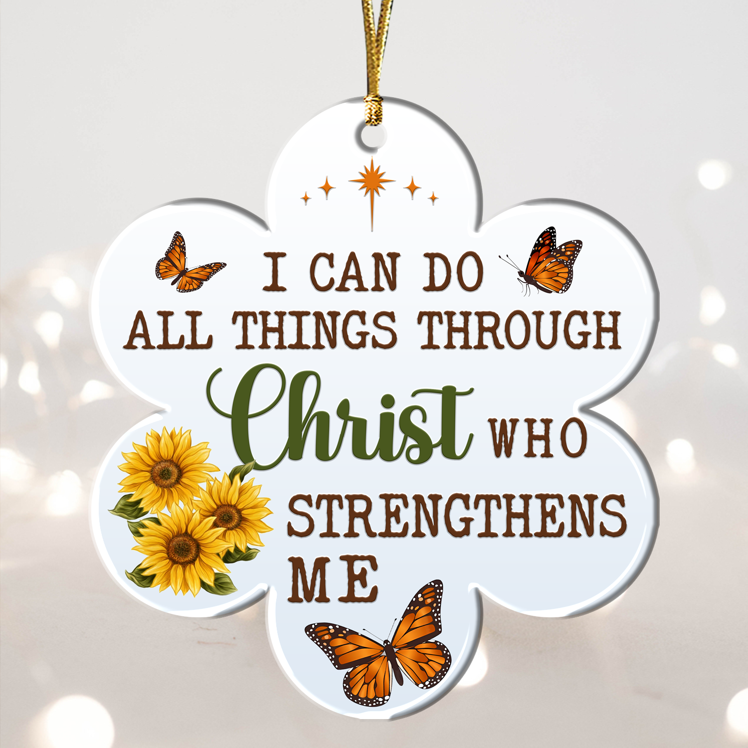 Sunflower Butterfly I Can Do All Thing Through Christ Christian Ornament Gift Bible Verse Christmas Ornament Car Hanging