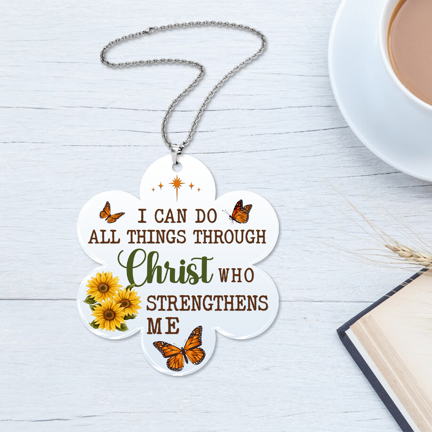 Sunflower Butterfly I Can Do All Thing Through Christ Christian Ornament Gift Bible Verse Christmas Ornament Car Hanging