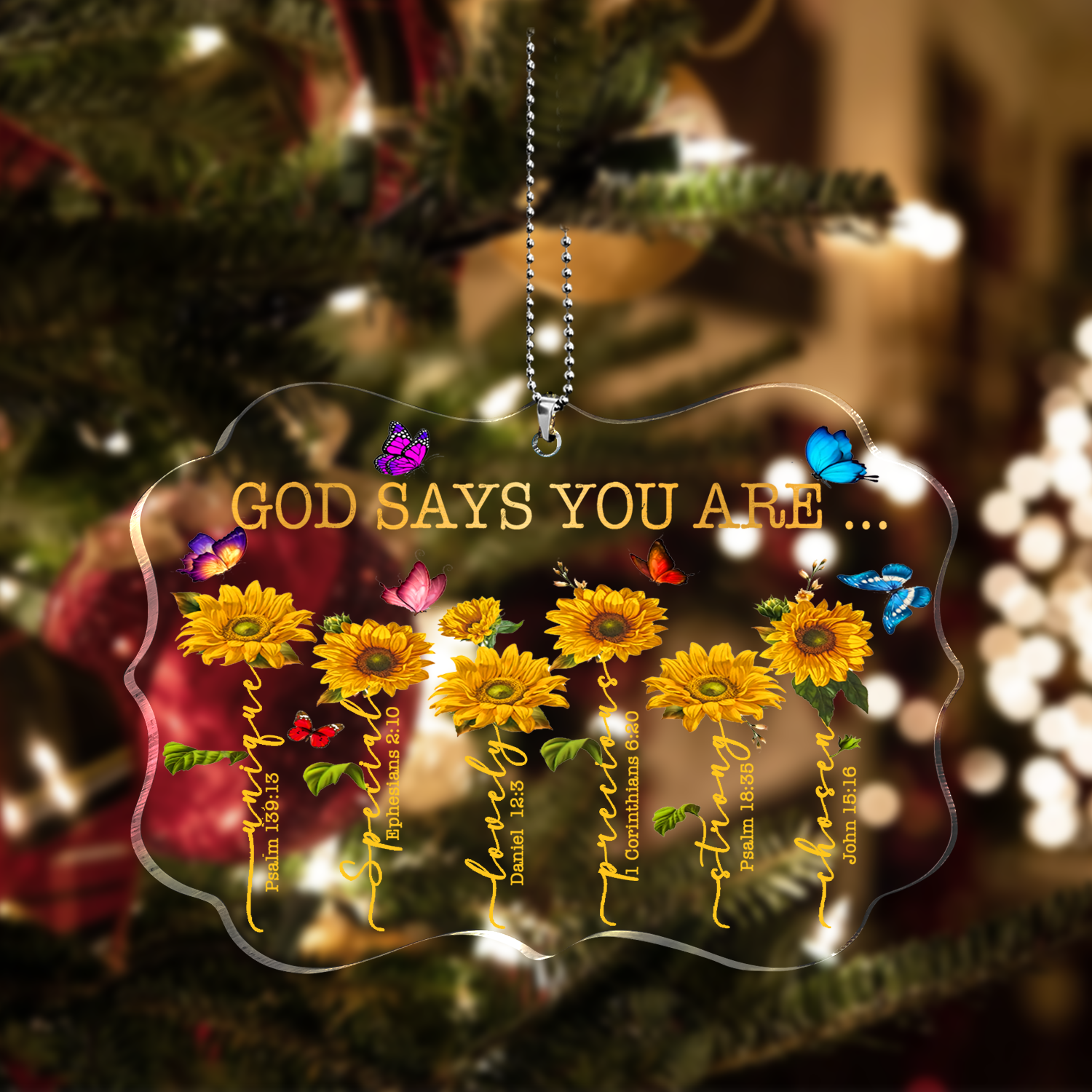Sunflowers Colorful Butterfly God Says You Are Transparent Ornament