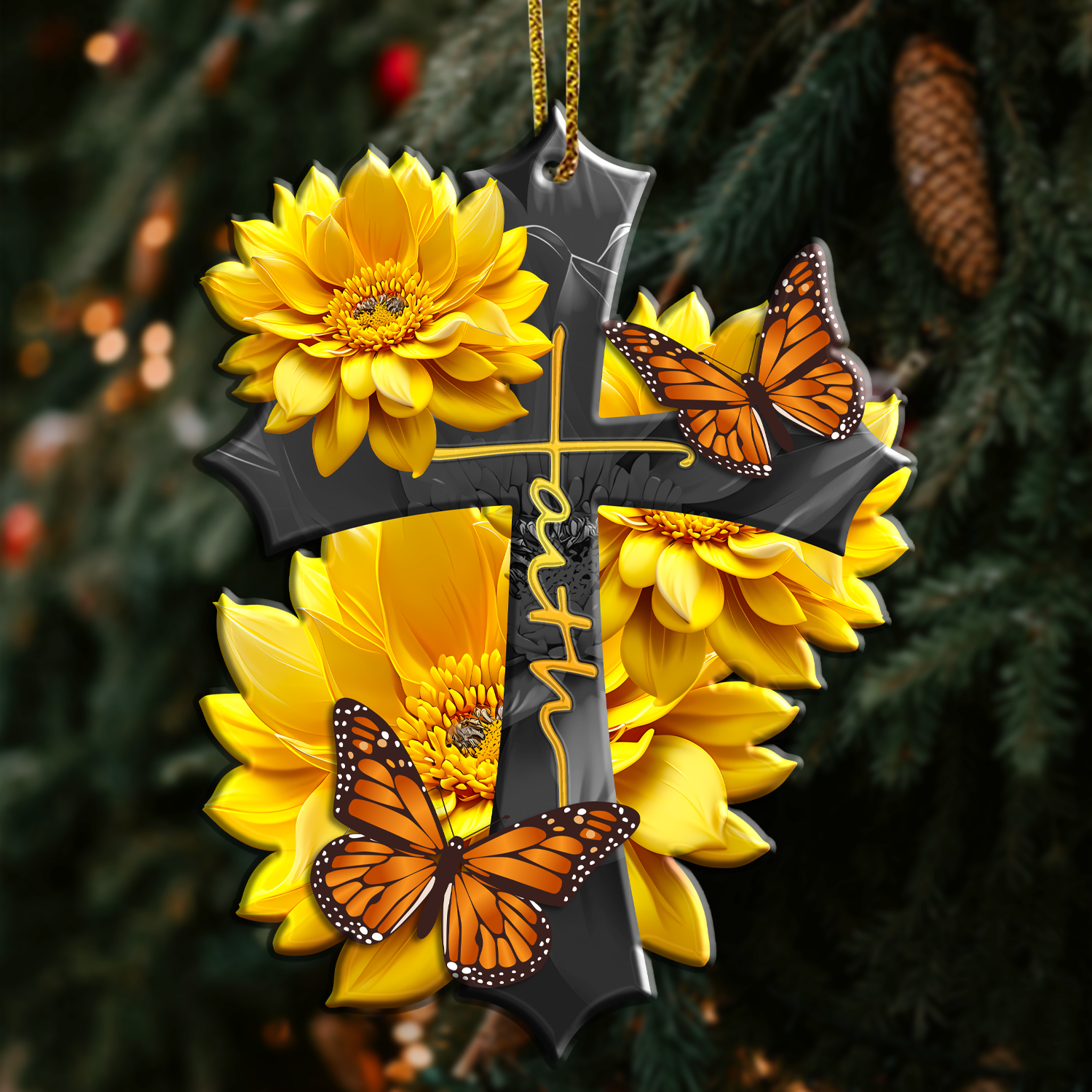 Sunflower Faith Butterfly Christian Cross Ornament Gift Christmas Ornament Car Hanging
