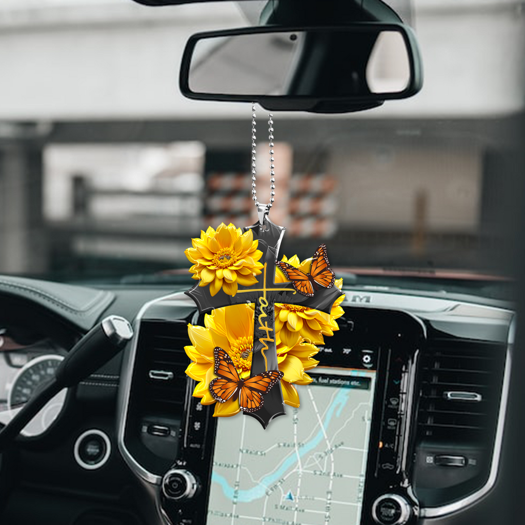 Sunflower Faith Butterfly Christian Cross Ornament Gift Christmas Ornament Car Hanging