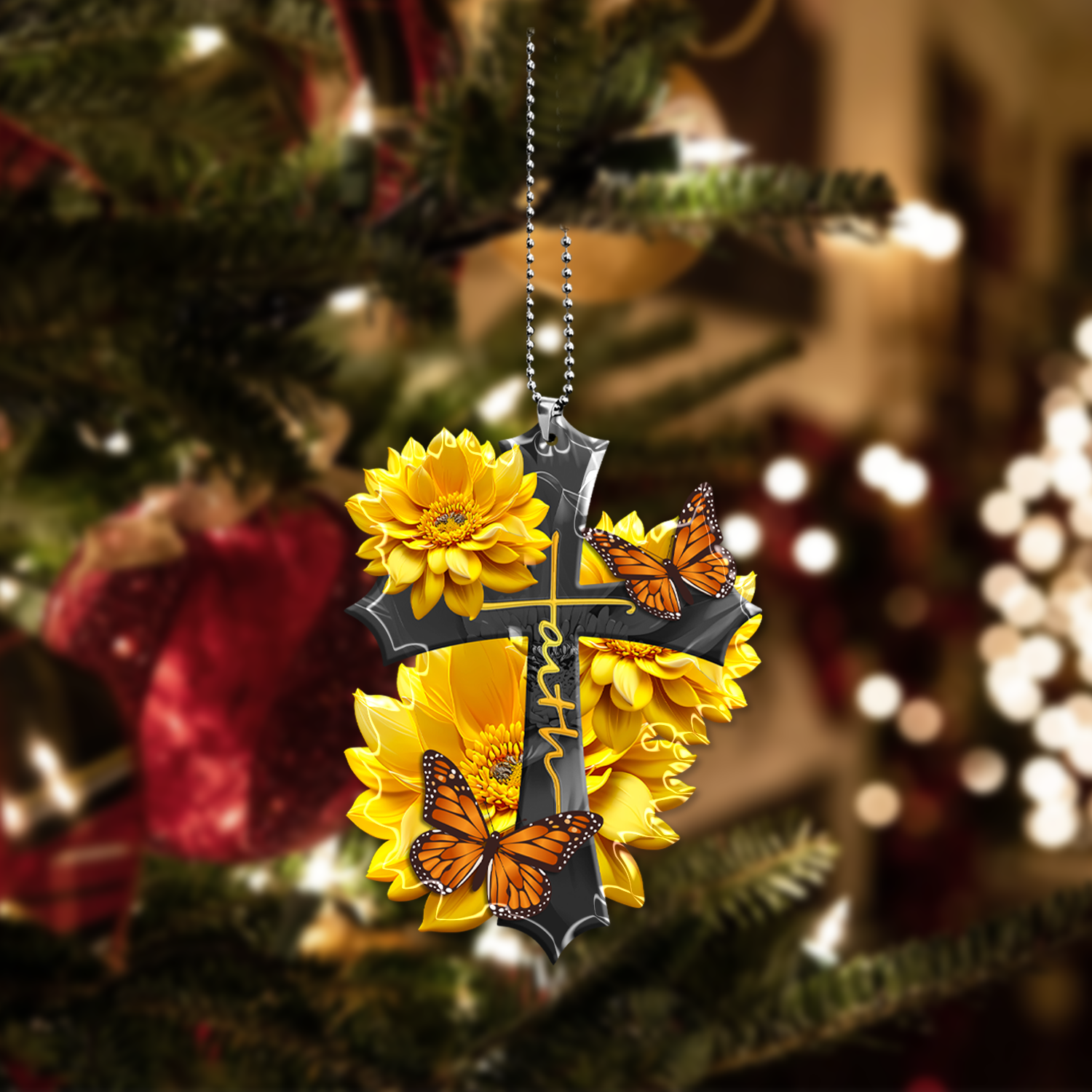 Sunflower Faith Butterfly Christian Cross Ornament Gift Christmas Ornament Car Hanging