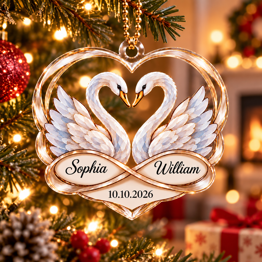 Personalized Swan Couple Ornament – Custom Names & Date Anniversary Gift