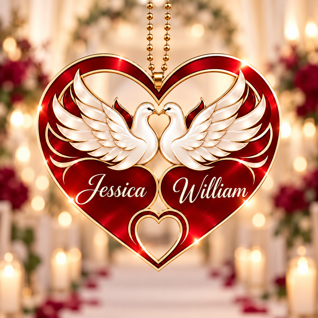 Personalized Names Dove Couple Red Heart Ornament – Anniversary Gift