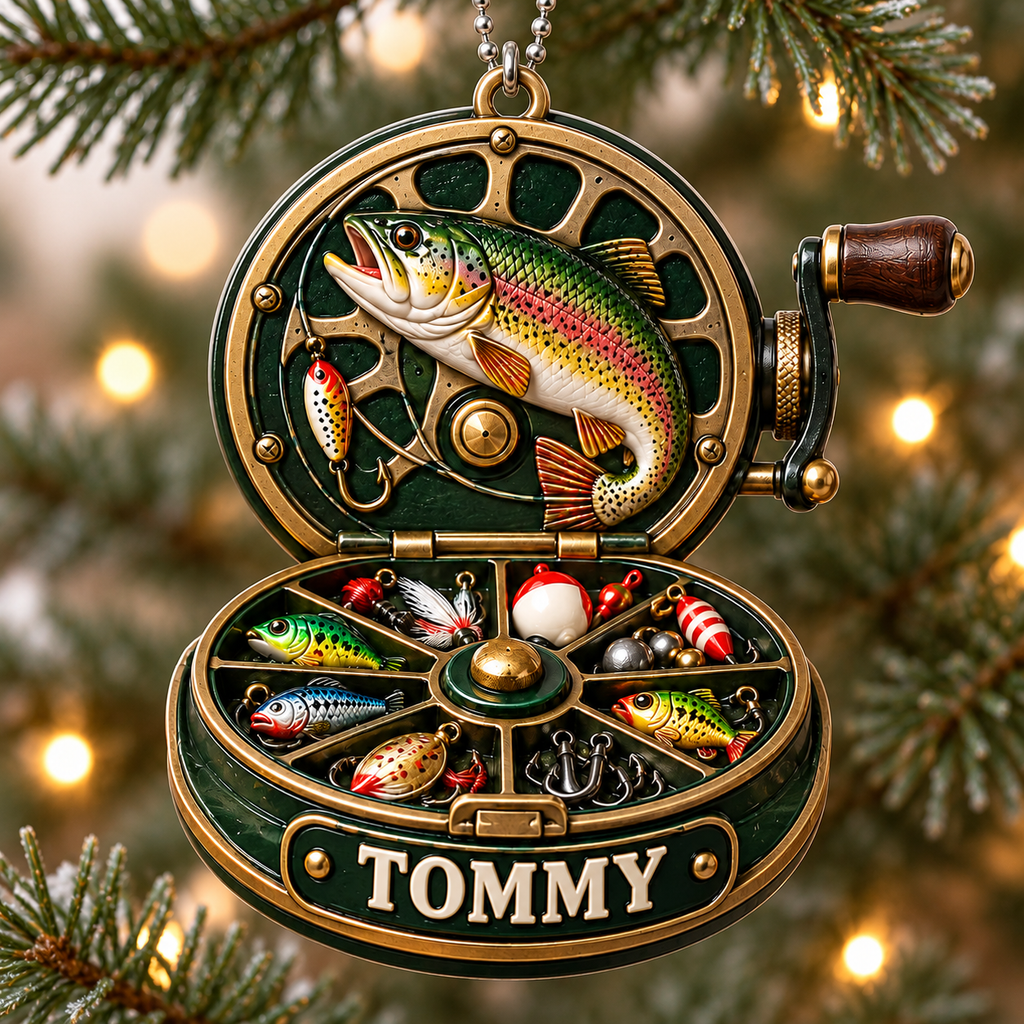 3D Raised Personalized Name Fishing Reel Ornament – Gift for Fishing Lovers