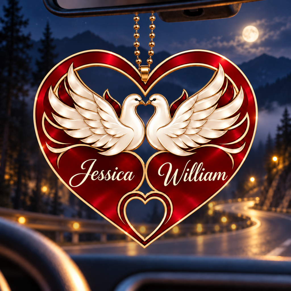 Personalized Names Dove Couple Red Heart Ornament – Anniversary Gift