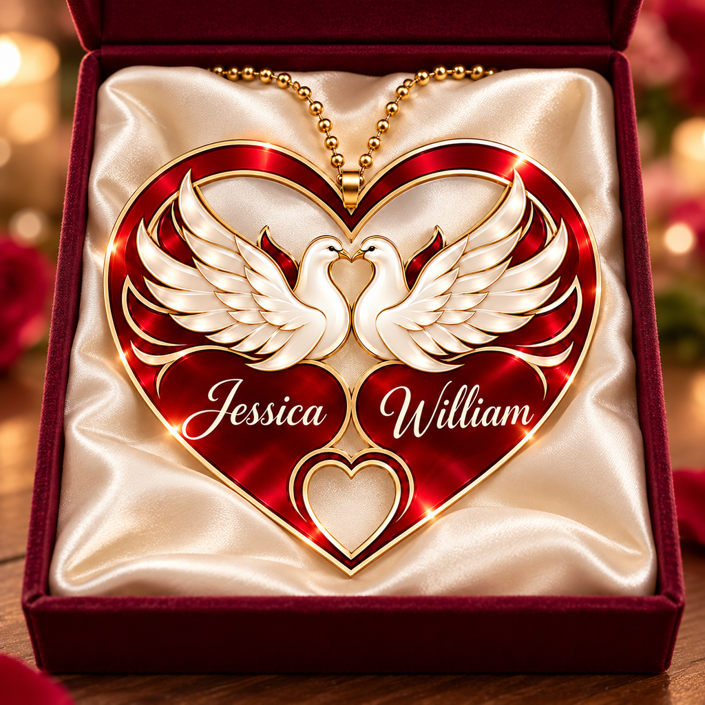 Personalized Names Dove Couple Red Heart Ornament – Anniversary Gift