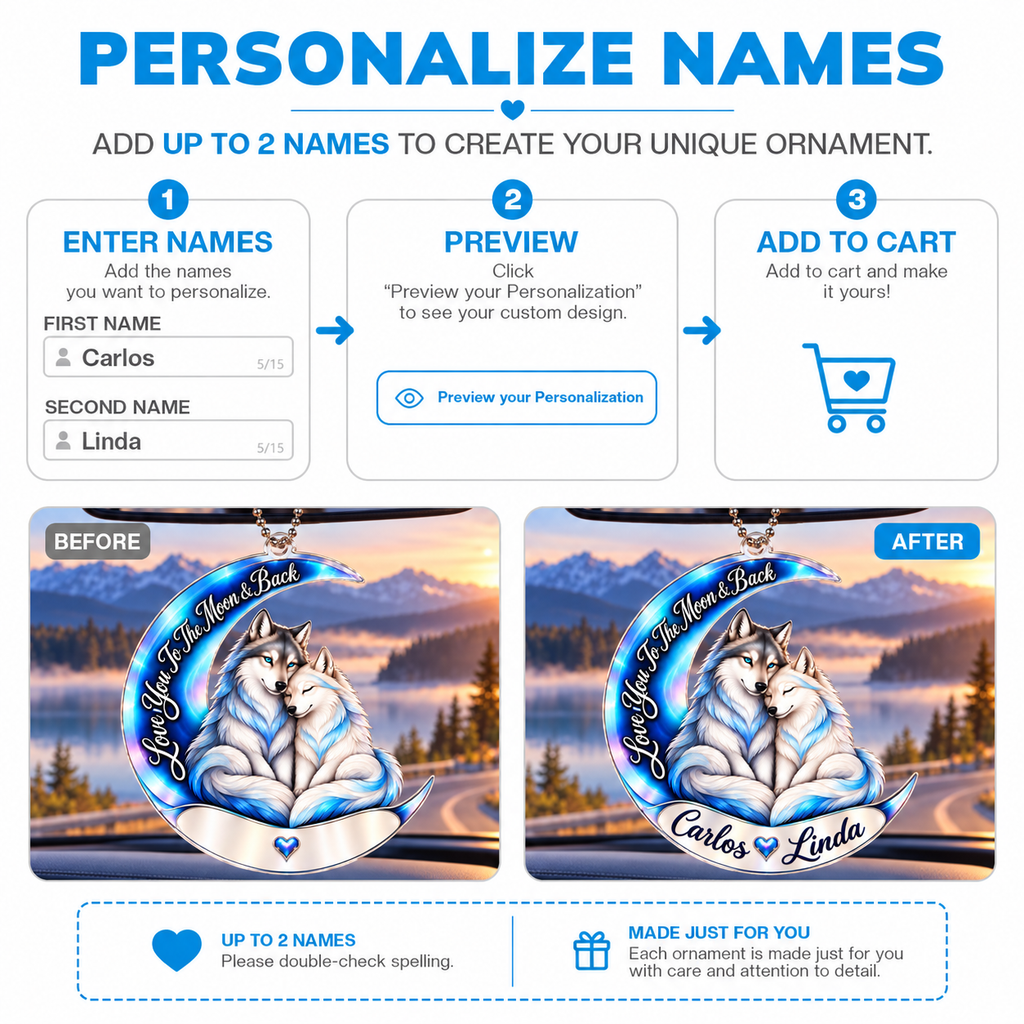 Personalized Names Love You to the Moon & Back Blue Wolf Couple Ornament – Anniversary Keepsake