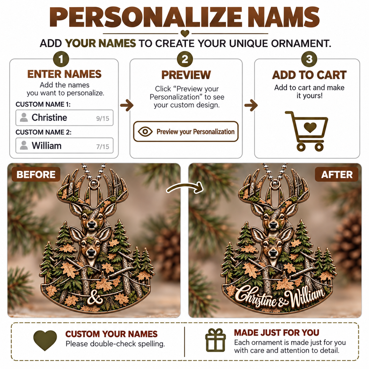 3D Raised Personalized Names Hunting Deer Couple Ornament - Anniversary Gifts