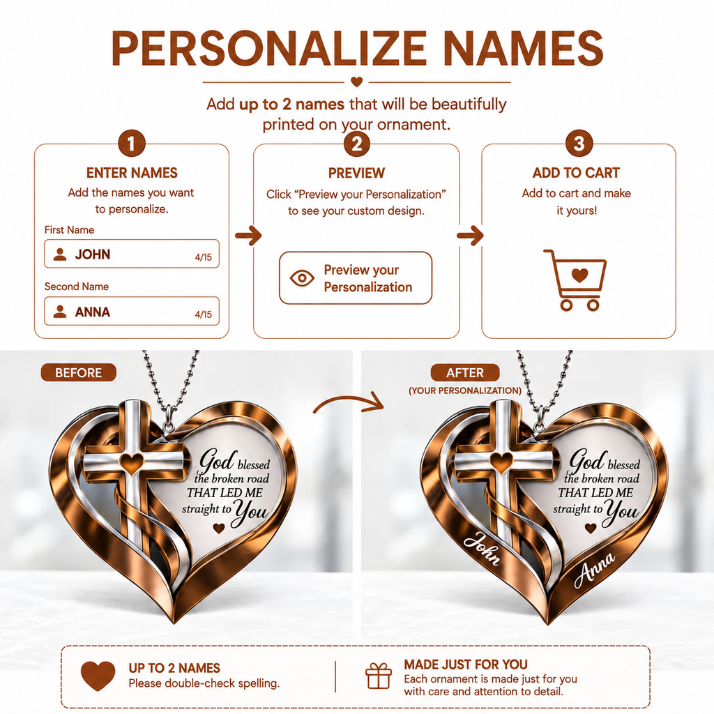 Personalized Names Memorial Cross God Heart Car Ornament - Gift for Jesus Lovers