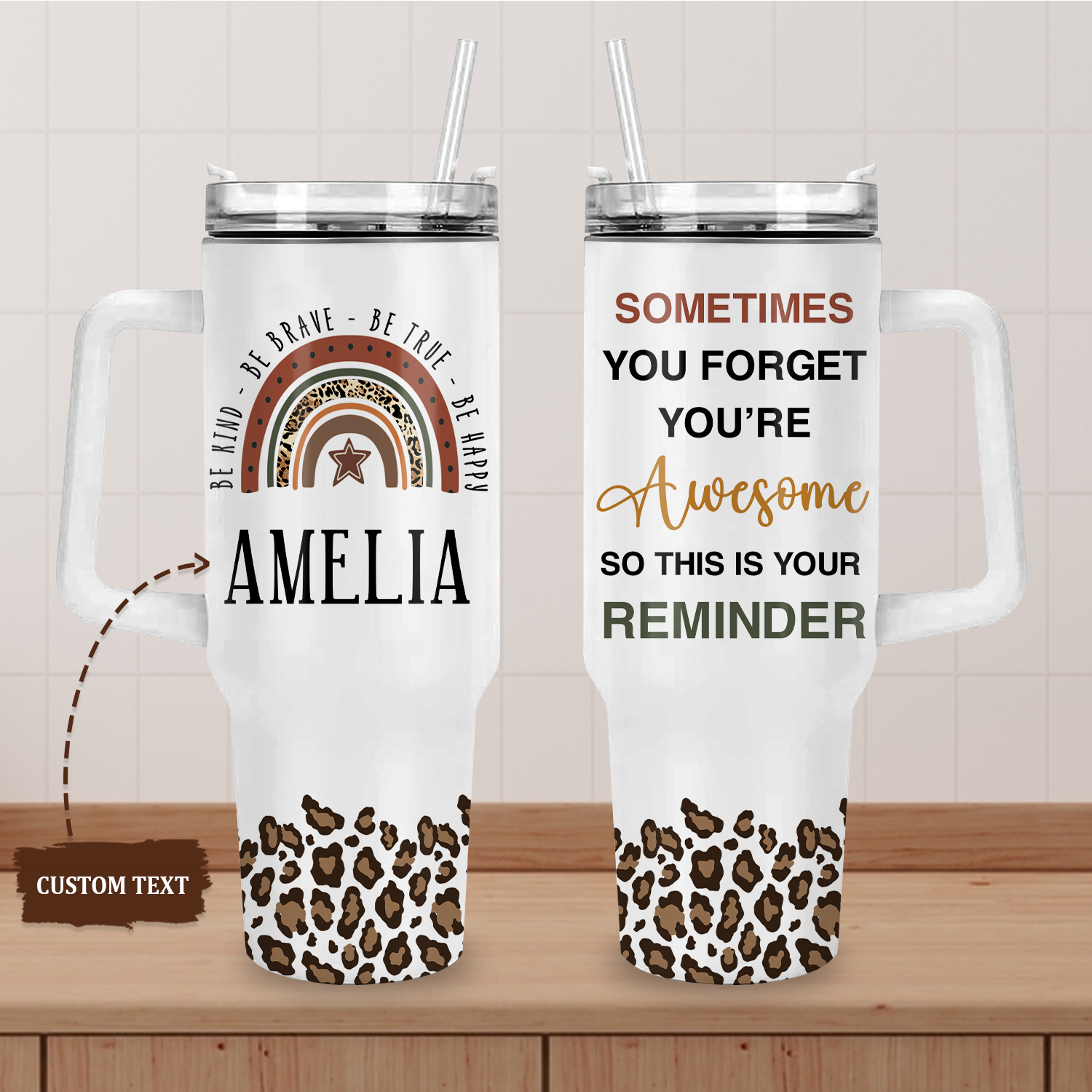 Leopard Vintage Rainbow You Are Awesome 40 Oz Tumbler With Handle - Personalized Stainless Steel Tumbler
