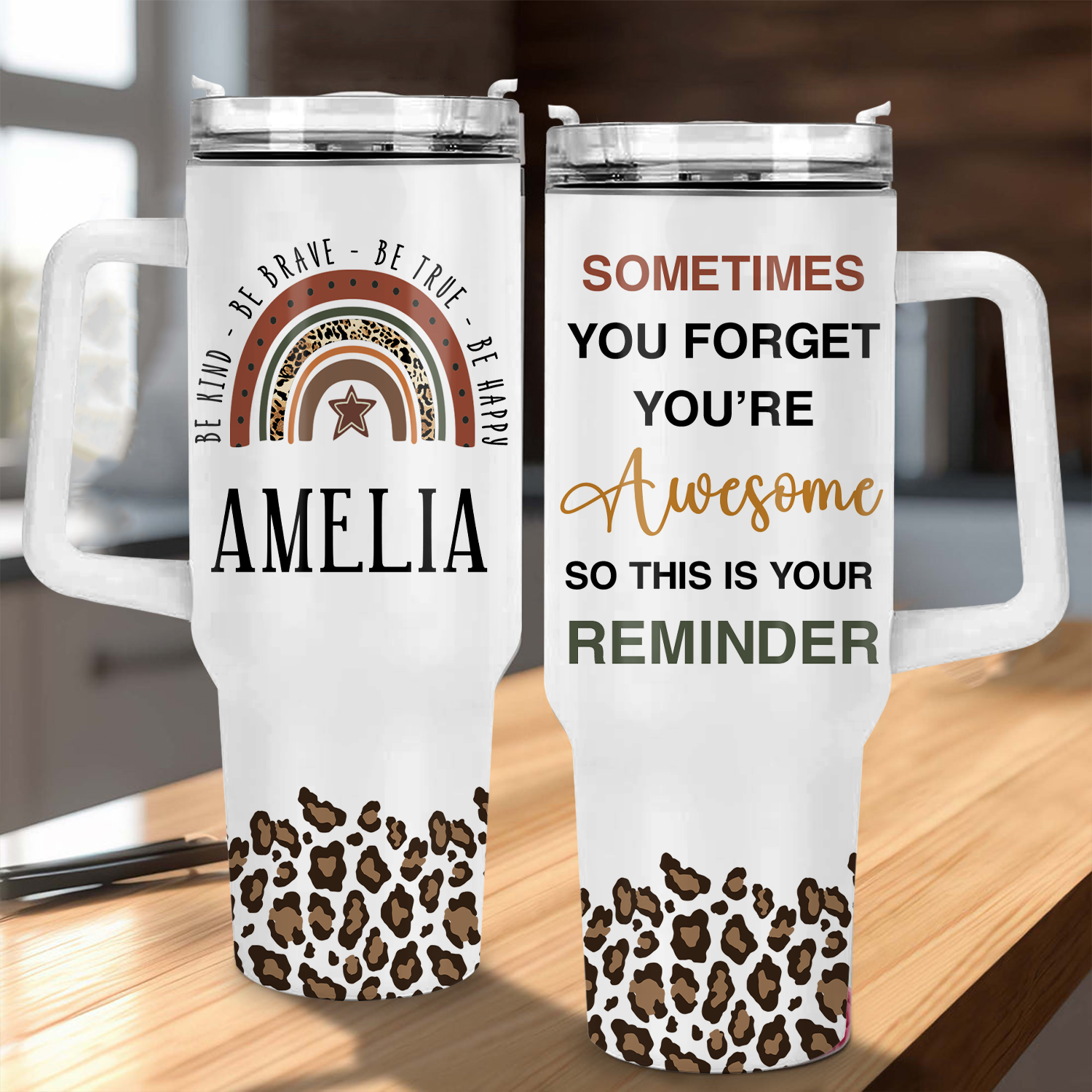 Leopard Vintage Rainbow You Are Awesome 40 Oz Tumbler With Handle - Personalized Stainless Steel Tumbler