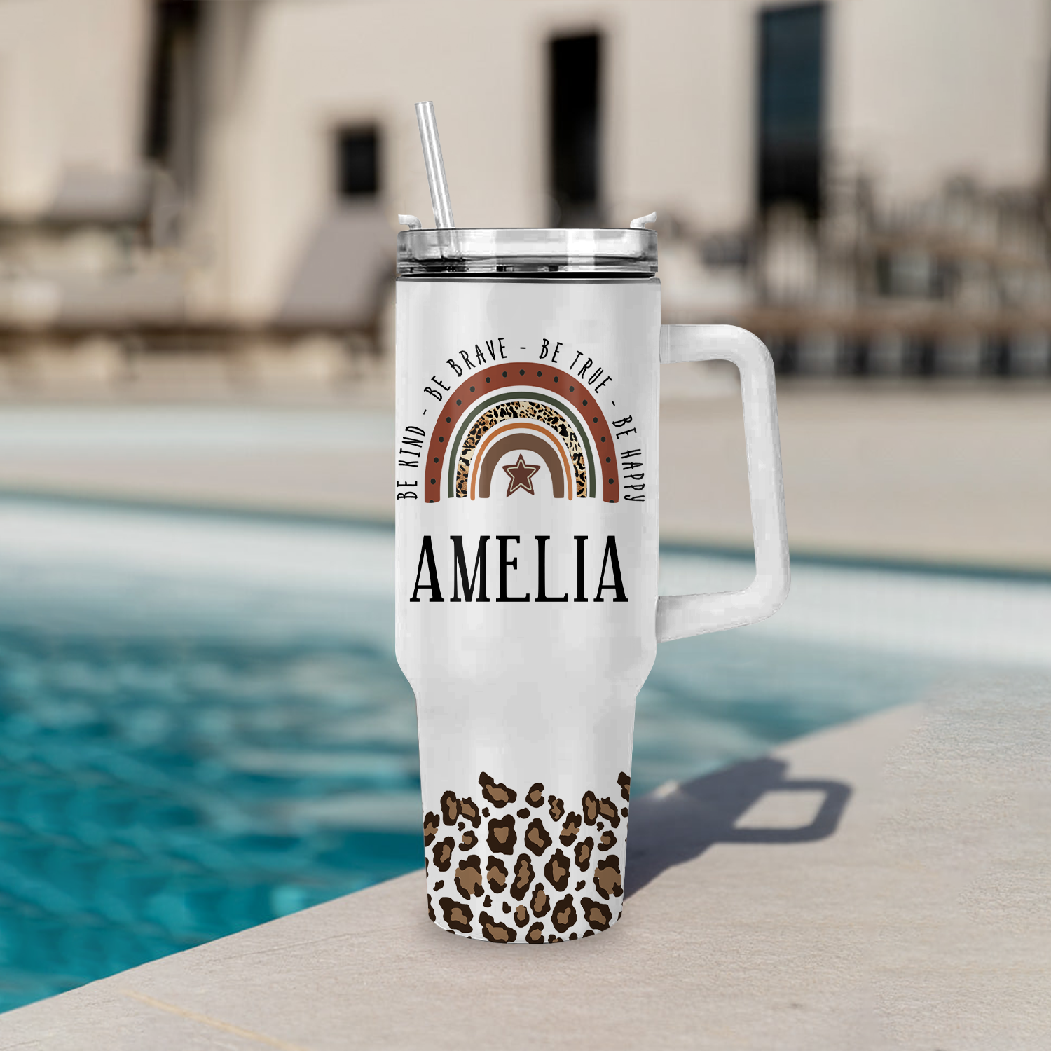 Leopard Vintage Rainbow You Are Awesome 40 Oz Tumbler With Handle - Personalized Stainless Steel Tumbler