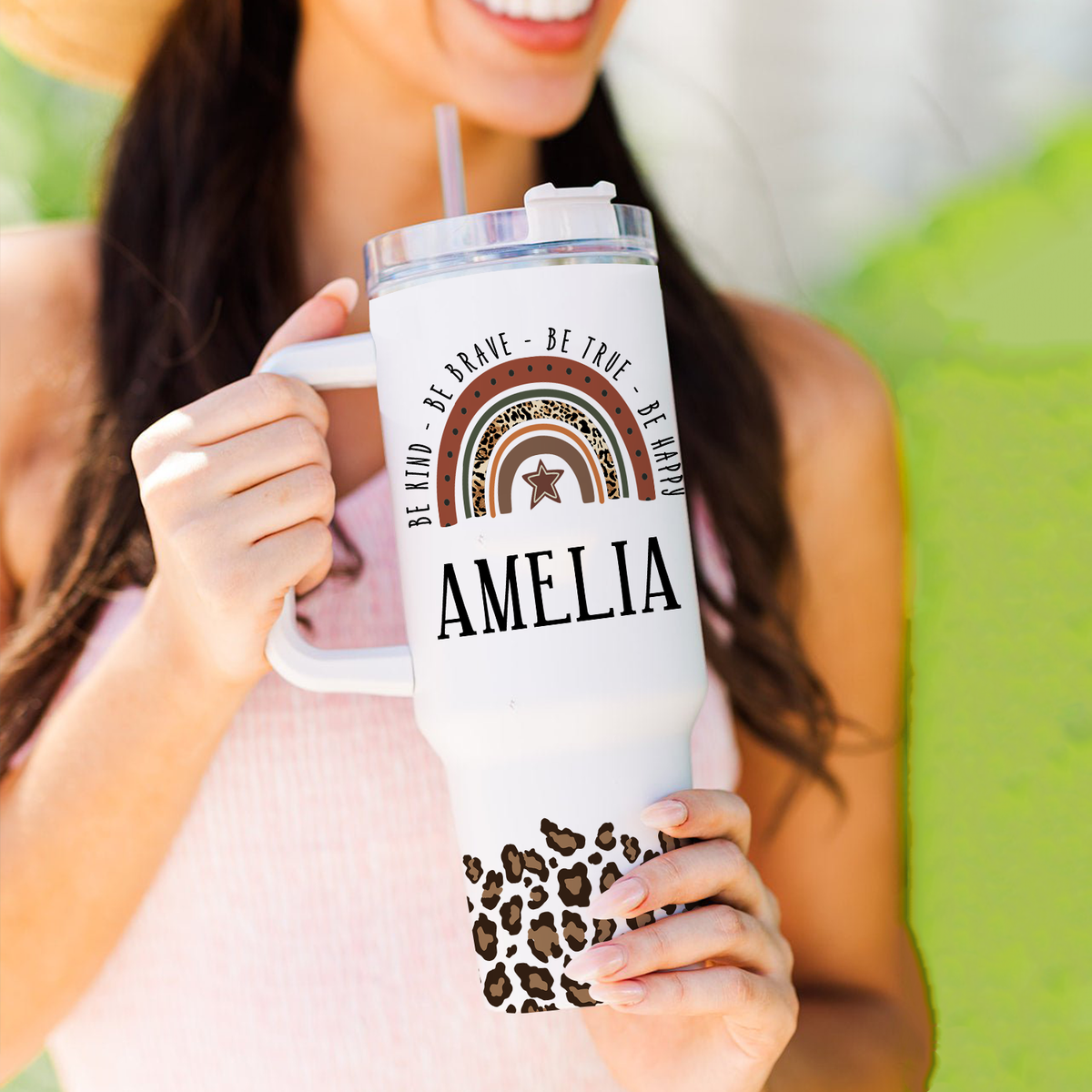 Leopard Vintage Rainbow You Are Awesome 40 Oz Tumbler With Handle - Personalized Stainless Steel Tumbler