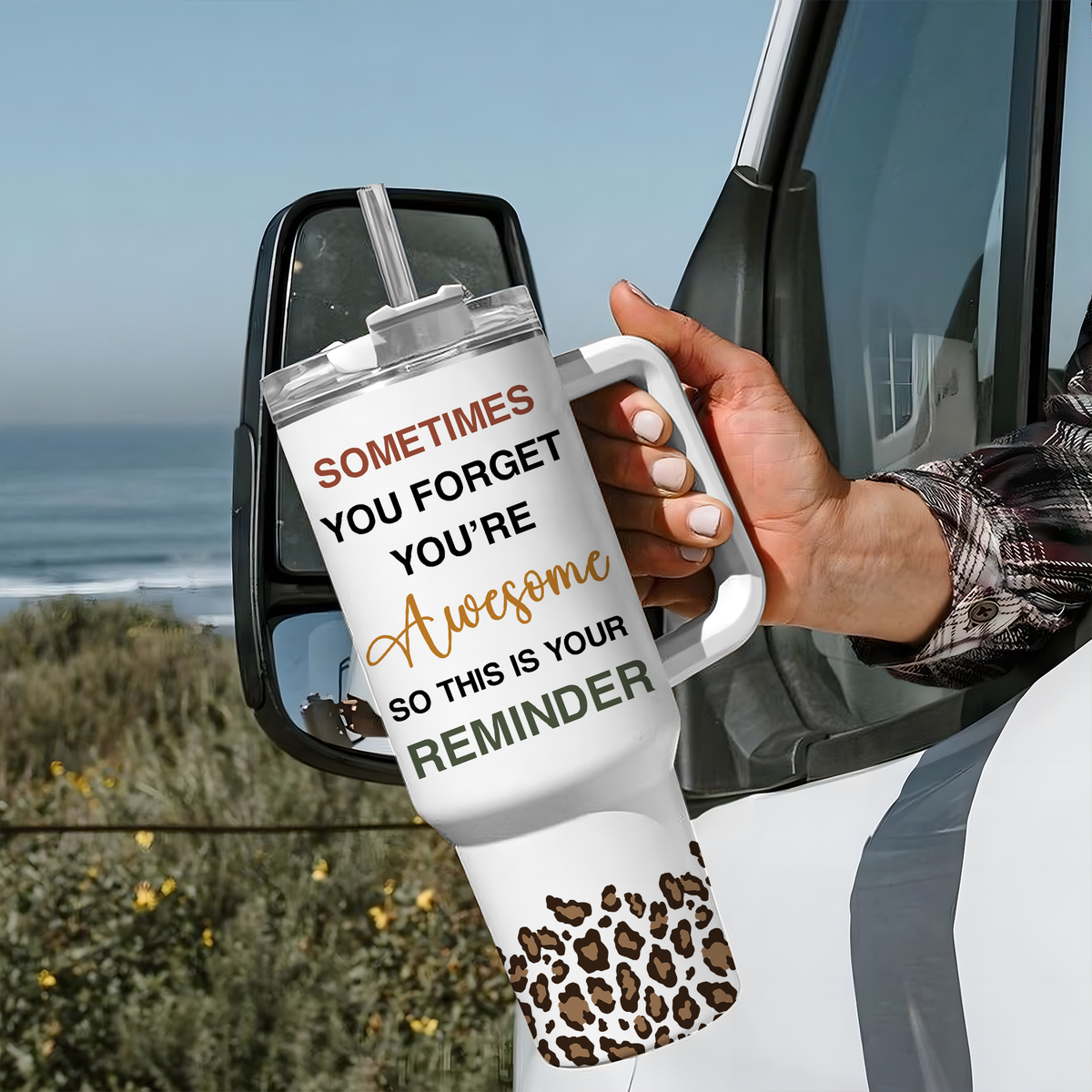 Leopard Vintage Rainbow You Are Awesome 40 Oz Tumbler With Handle - Personalized Stainless Steel Tumbler