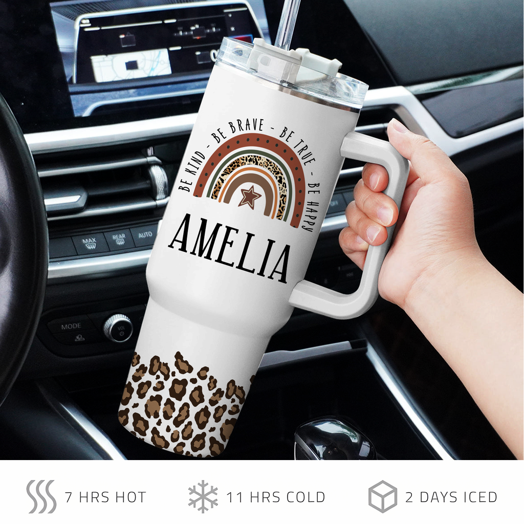 Leopard Vintage Rainbow You Are Awesome 40 Oz Tumbler With Handle - Personalized Stainless Steel Tumbler