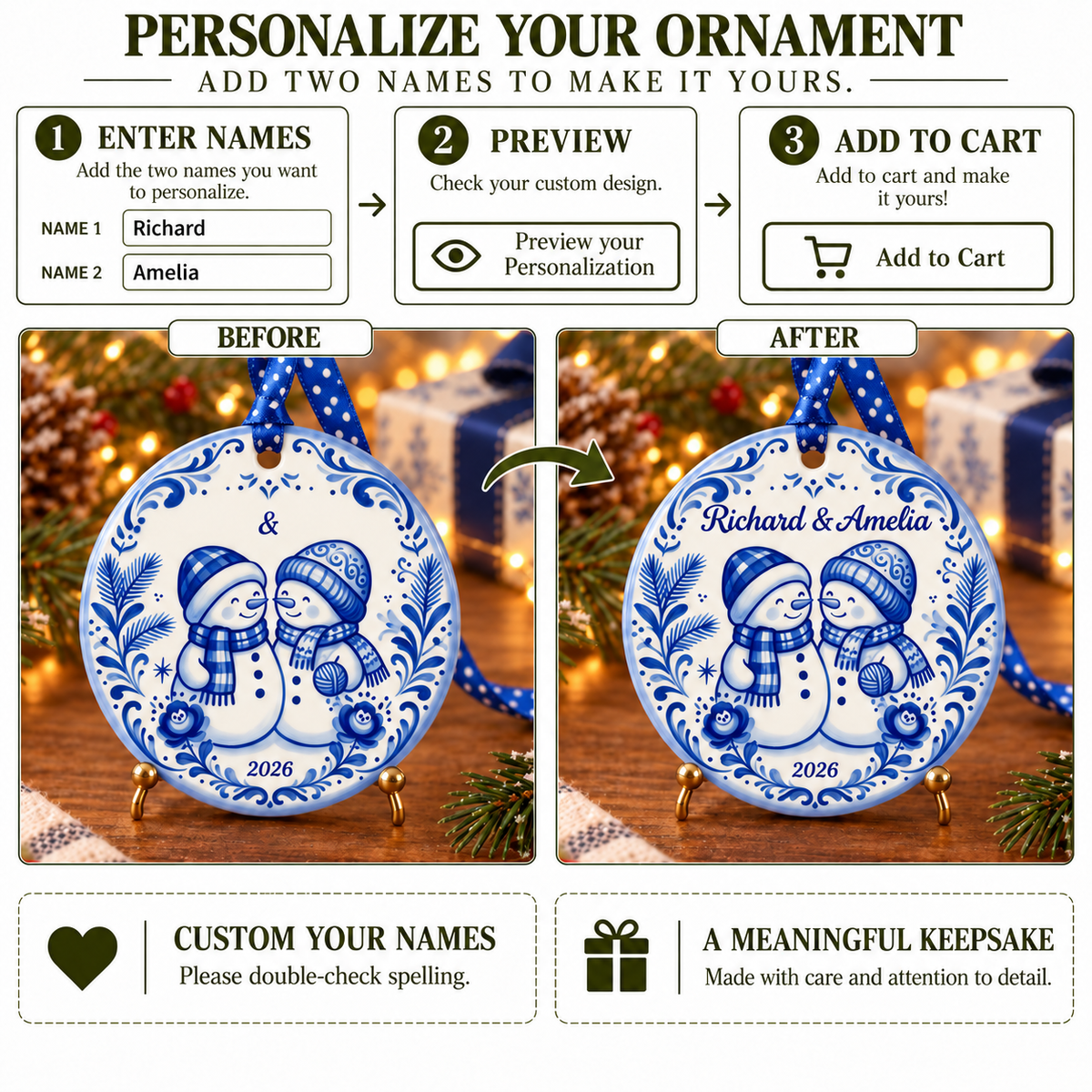Delft Blue Snowman Couple Vintage Decor - Personalized Ceramic Ornament