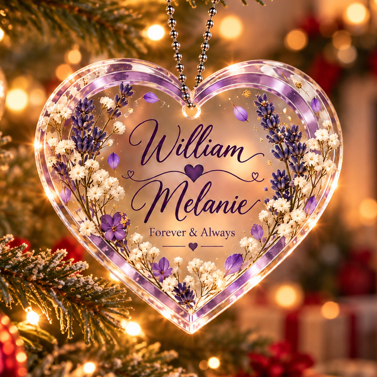 Personalized Names Lavender Love Heart Ornament - Romantic Gift for Couple
