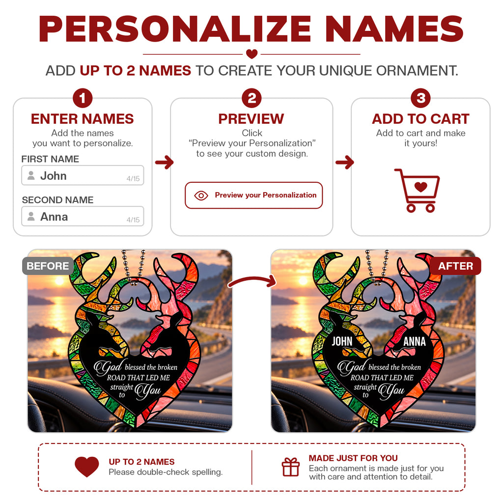 Personalized Names Deer Heart God Blessed Ornament – Christian Couple Gift