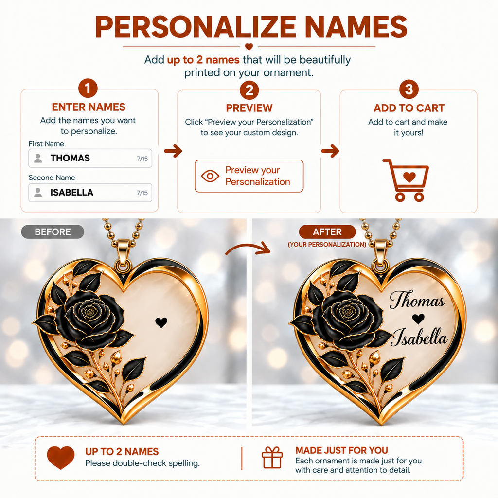 Personalized Names Black Rose Heart Ornament - Romantic Gift for Couple