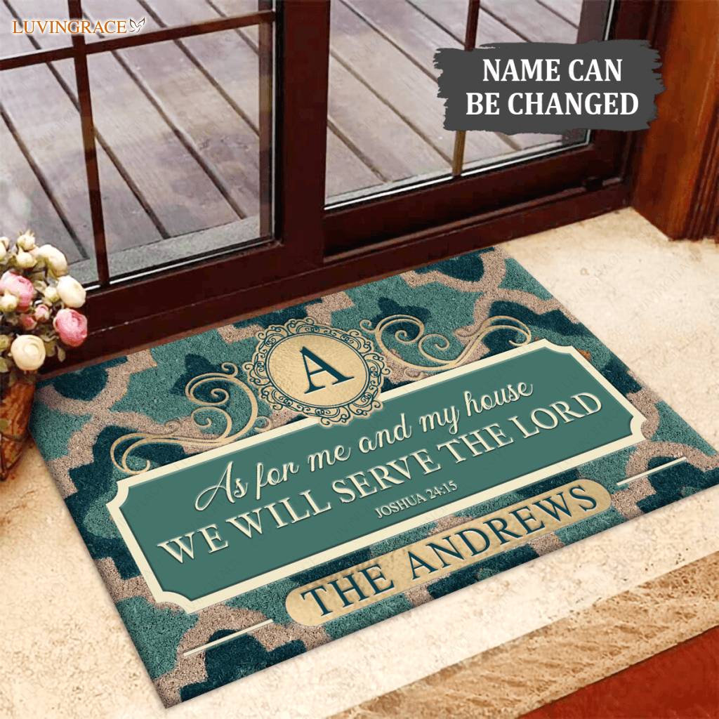 Aqua Quatrefoil Monogram Serve The Lord Personalized Doormat