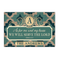 Aqua Quatrefoil Monogram Serve The Lord Personalized Doormat