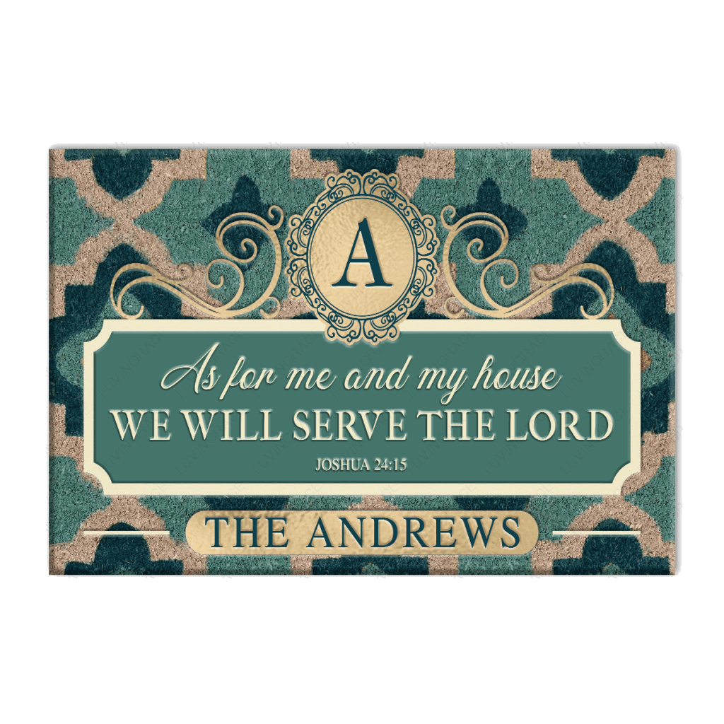 Aqua Quatrefoil Monogram Serve The Lord Personalized Doormat