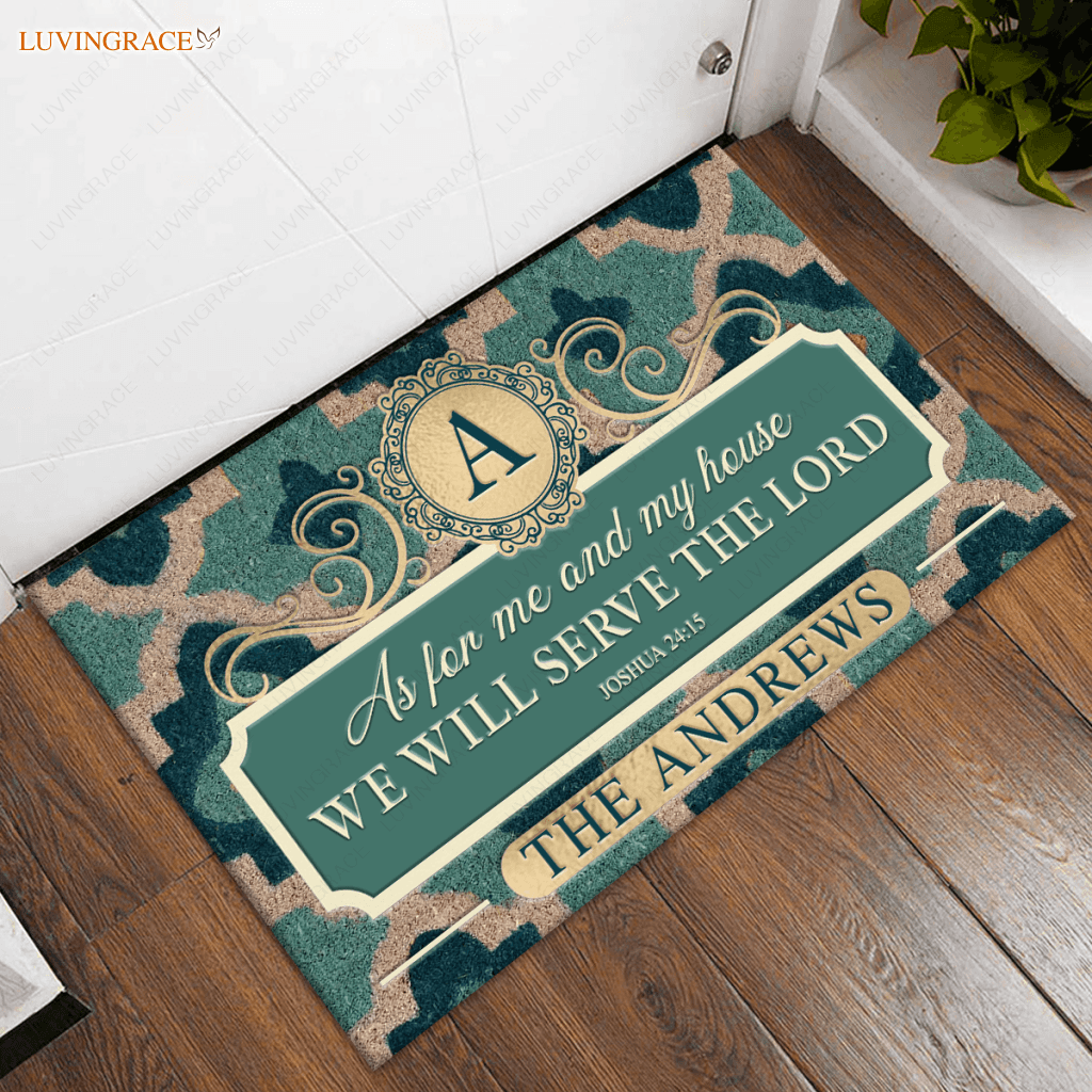 Aqua Quatrefoil Monogram Serve The Lord Personalized Doormat