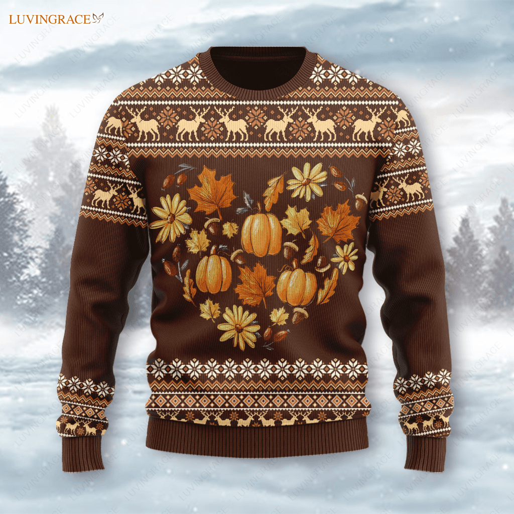 Autumn Heart Pumpkin Floral Wool Knitted Pattern Its Fall Yall Ugly Sweater S Sweatshirt
